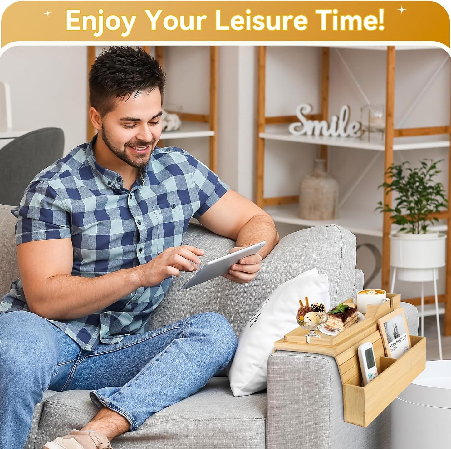 Bamboo Sofa Arm Tray, 2-in-1 Foldable Couch Armrest Tray with Detachable Cup Holder,Couch Arm Table for Armrests 5.5"–10.5" Wide,Anti-Falling Sofa Table for Drink,Cups,Phone,Snacks,Remote