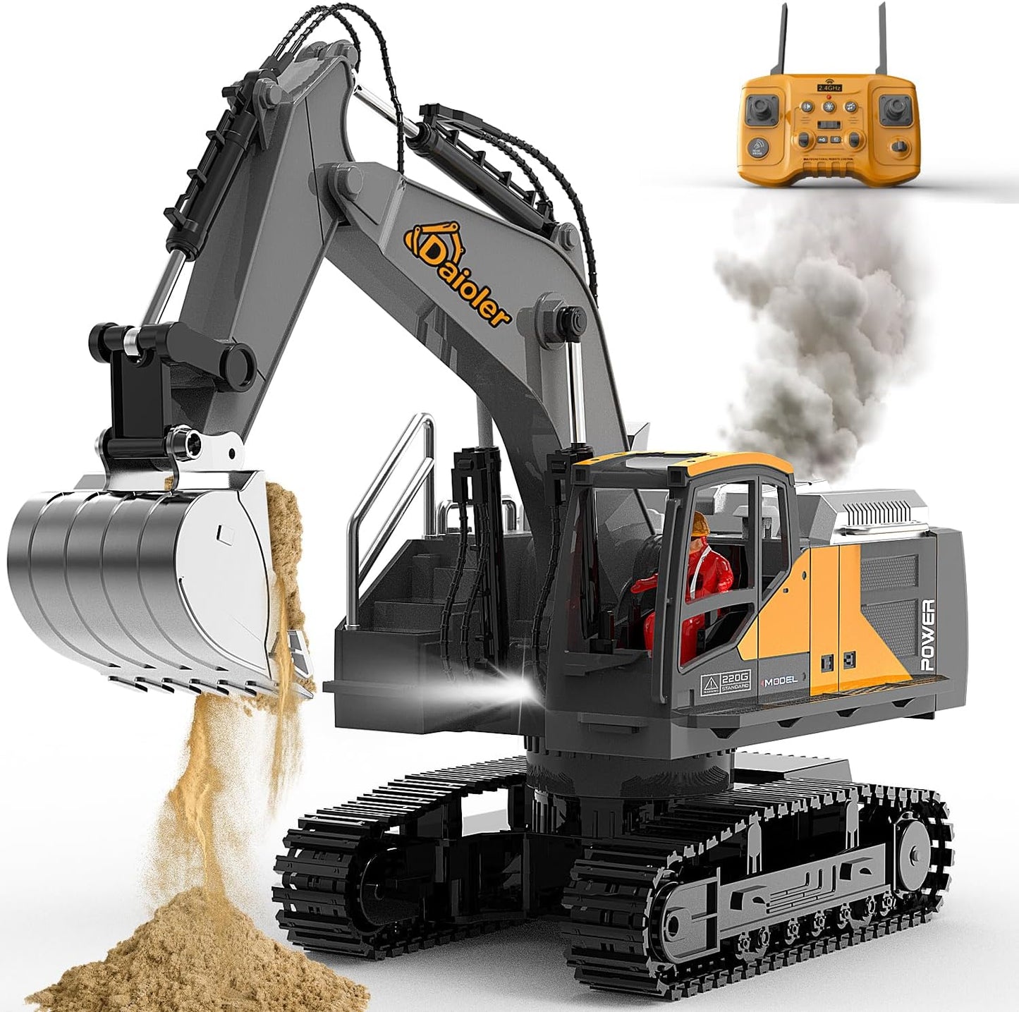 Remote Control Excavator Toy for Boys 3+, RC Construction Vehicle with Spray, Rechargeable Battery/680° Rotation/Metal Shovel/Light/Sound, RC Excavator Toy for Kid Digger Toys for Boy 3-5 4-7 8-12+