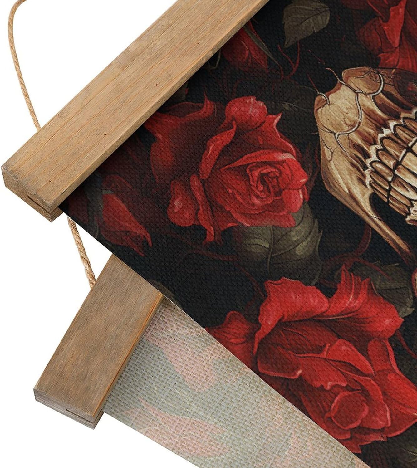 Vintage Skull Rose-Red Poster with Wooden Frame Personalized Linen Hanging Scroll Painting Rustic Wall Hanging Illustrative Modern Artwork Decor for Home Living Room Bedroom Office