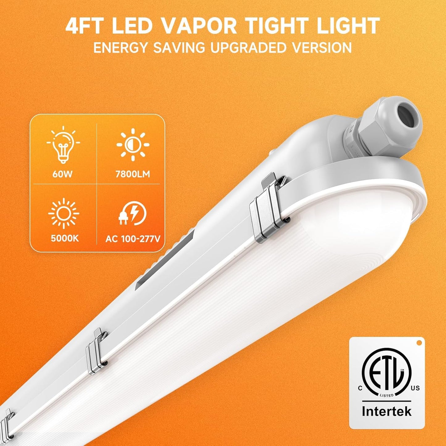 4FT LED Vapor Tight, 60W 7800LM 5000K Vapor Proof LED Light Fixture, 0-10V Dimmable, 100-277V for Warehouse, Car Wash, Walk-in Freezer, Parking Garage, ETL Listed