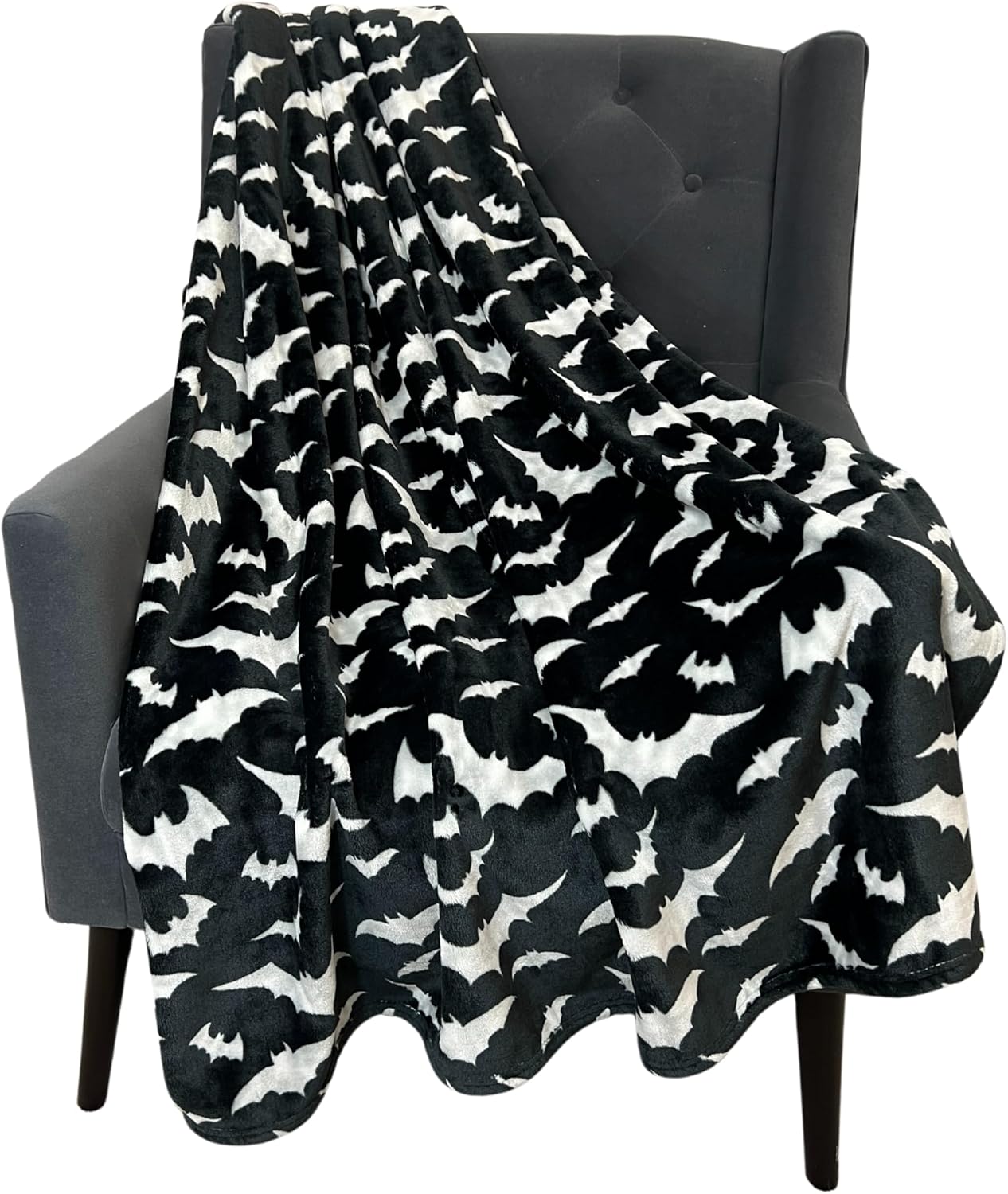Spooky Halloween Throw Blanket for Couch or Sofa: Silver Night Bats on Black Design on Soft Velvet Fleece Oversized 50" x 70"