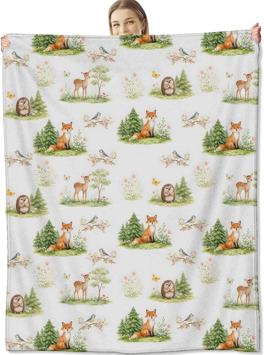 Woodland Animal Blanket for Nature and Animal Lovers, Fox Deer Bird Hedgehog Flannel Blankets, Forest Gifts, Soft Warm Cozy Throws for Sofa Couch Bed Living Room Bedroom Home Decor 60" x 50"
