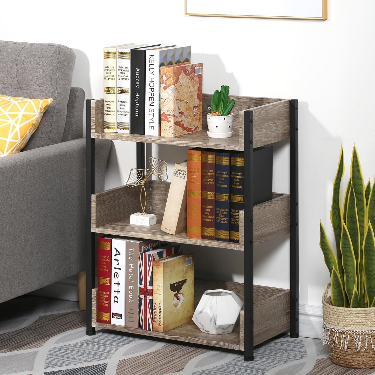 VECELO Bookshelf, 30" H Small Bookcase,3-Tier Storage Organizer,Wood Bookcase with Steel Frame,Shelving Unit for Living Room,Classroom,Office,Dormitory
