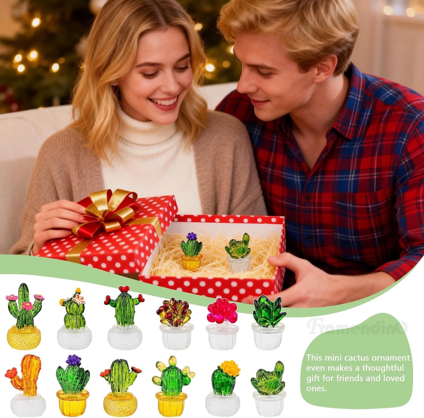 Framendino, 12 Pack Miniature Cactus Figurines Mini Resin Succulent Set Glass Sculpture for Car Interiors Desktop Home Decorations