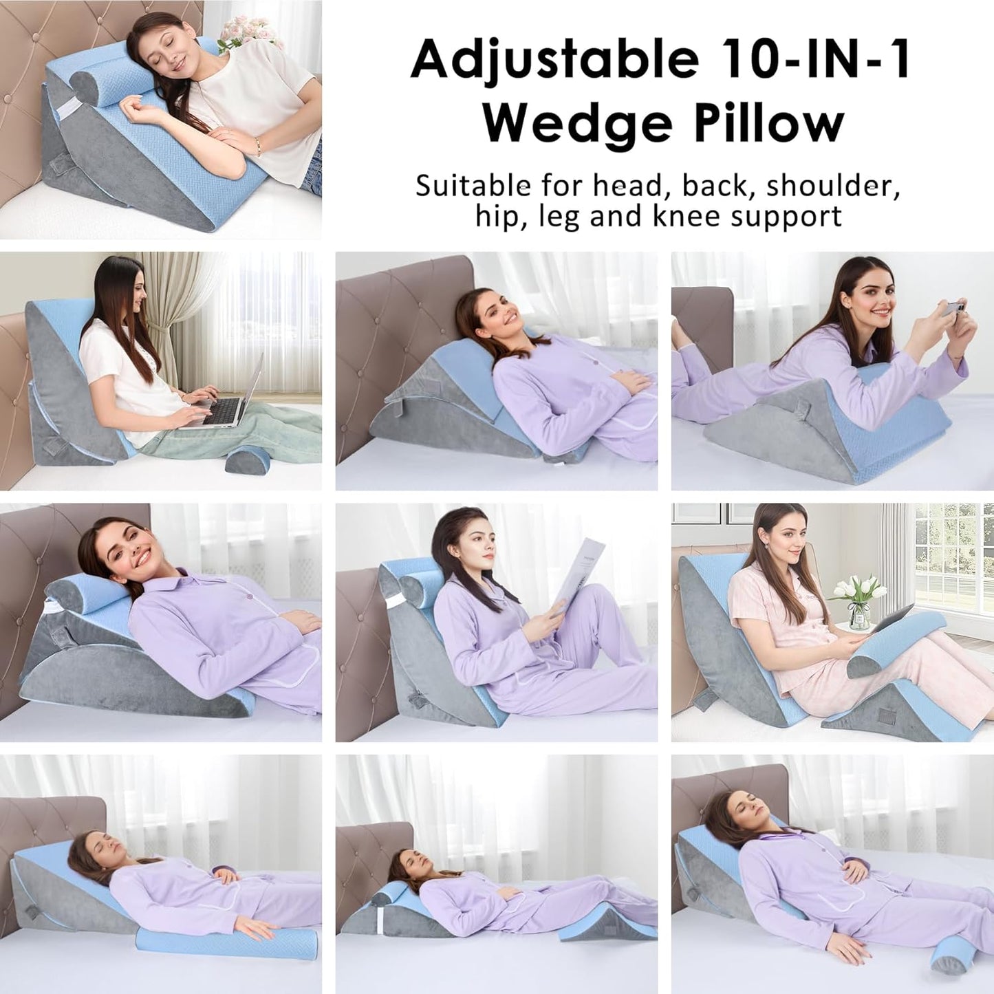 Bed Wedge Pillow for Sleeping, 3PCS Wedge Pillow Set for After Surgery, Adjustable 7 &12 inch Pillow Wedges for Acid Reflux Relief, Back Pain Relief, Sleep Apnea, Sitting Up, Headboard(Blue/Grey)