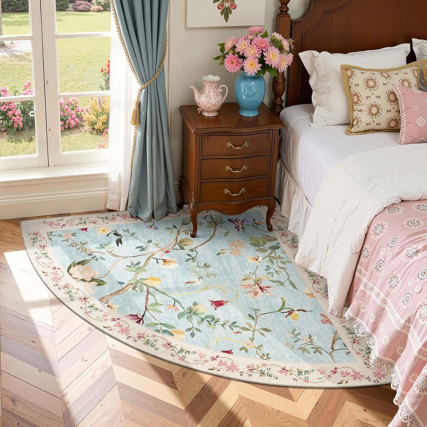 jinchan Floraison Floral Rug for 5FT Radius Corner Washable Sector Rug Oriental Flower Design Non Slip Quarter Circle Lightweight Low-Pile Throw Carpet for Bedroom Reading Nook Office Blue/Pink