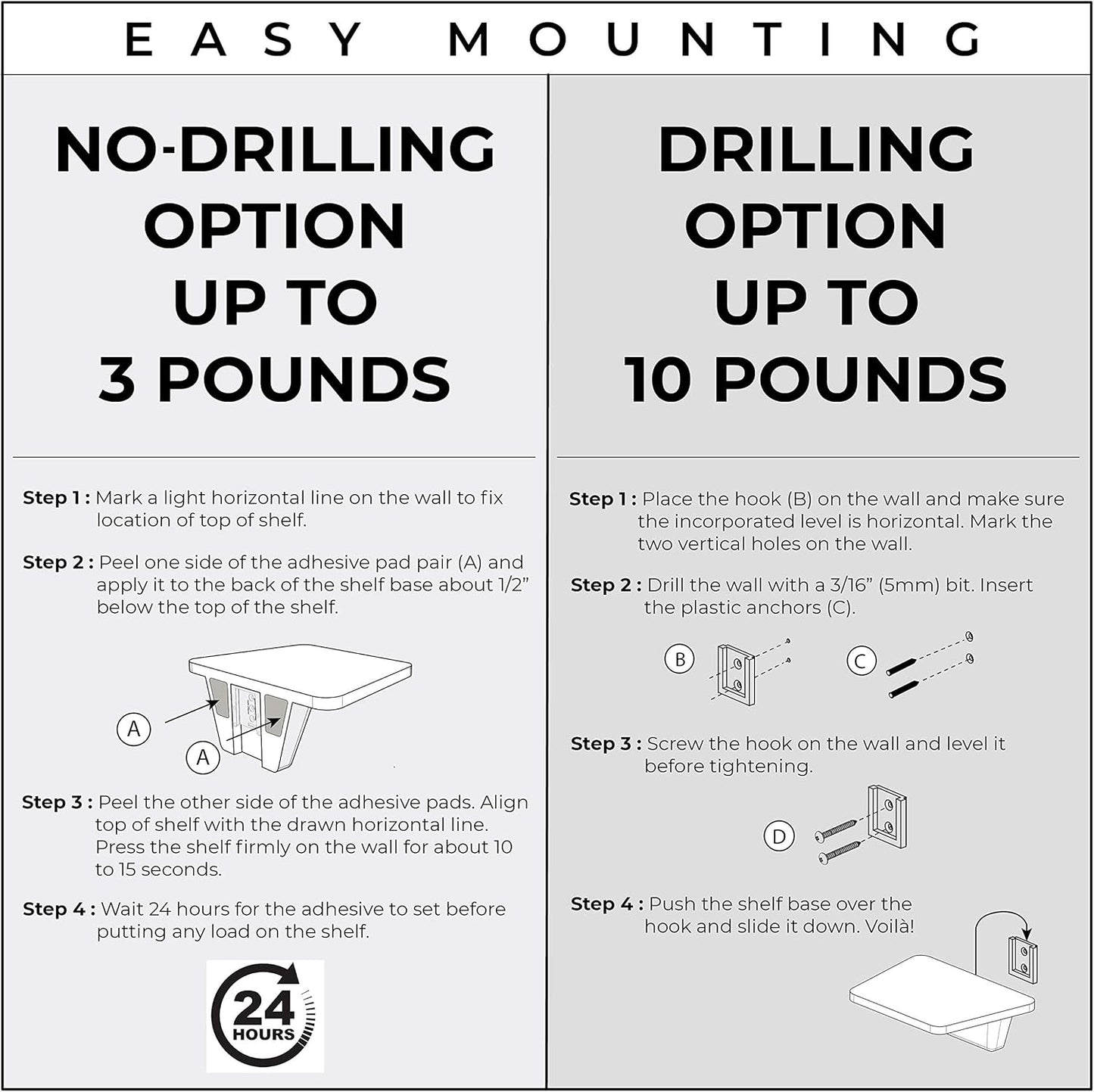 White Small Floating Shelf Set of 2 - for Wall with No Drill Option [ Adhesive ]
