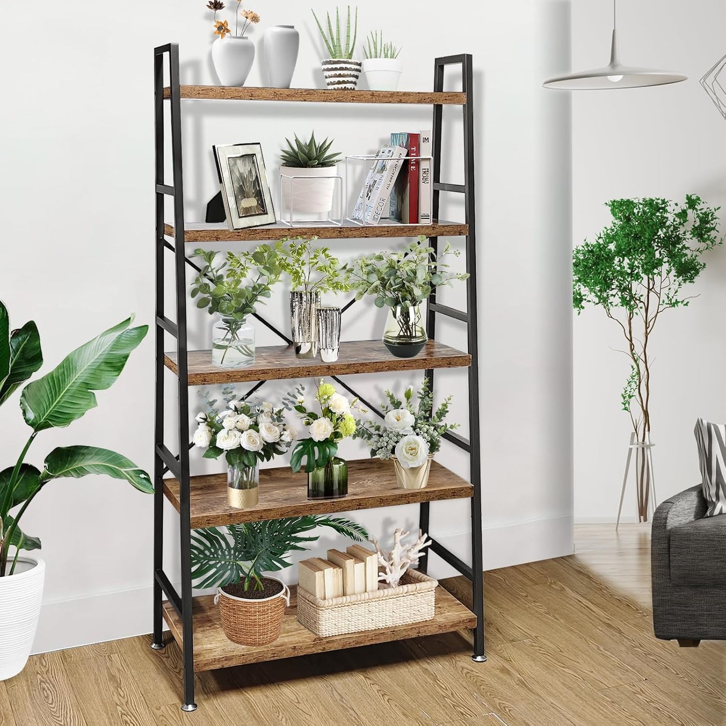 TooCust 5 Tier Ladder Bookshelf, Heavy Duty Rustic Brown Wood and Metal Bookcase with 1.2" Thick Shelves, 63" H x 30" W x 14" D, Industrial Open Storage Shelving for Living Room, Bedroom, Kitchen