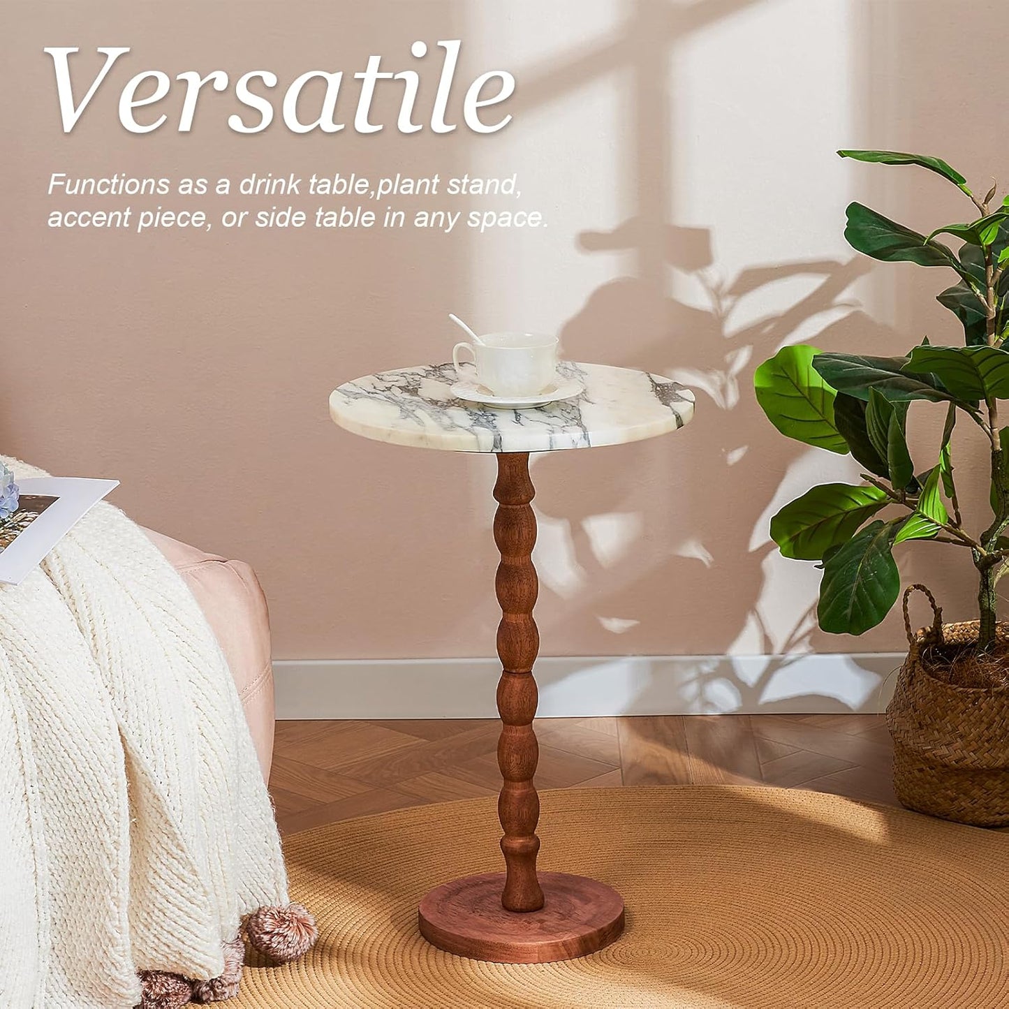Round End Table, Modern Accent Table with Base, Marble Top & Solid Wood Legs for Living Room, Bedroom, Office (Pink,Big