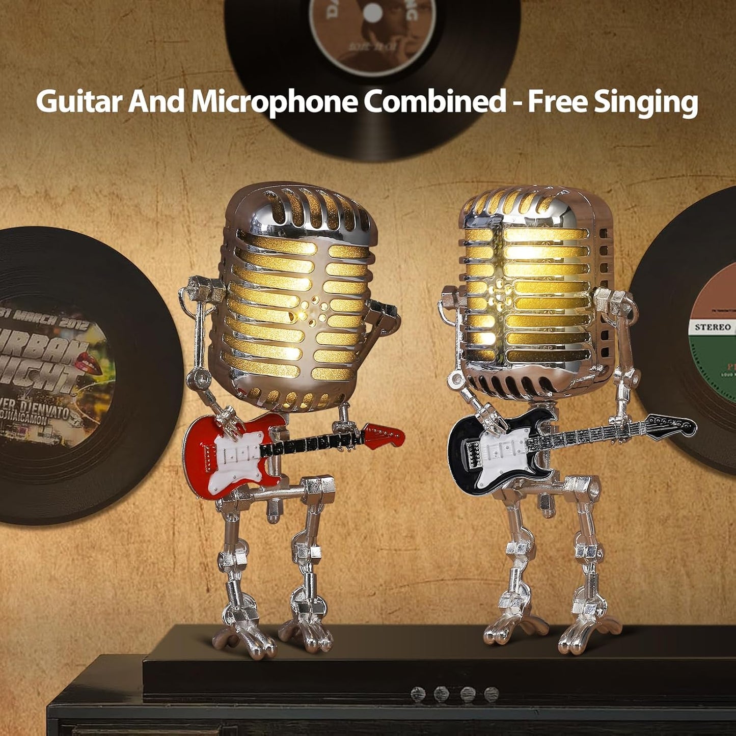 Vintage Microphone Guitar Robot Lamp, Music Gifts for Men, Cool Gifts for Music Lovers, Vintage Light Home Decor Nightstand Desk Lamp for Bedroom, Music Studio (Red)