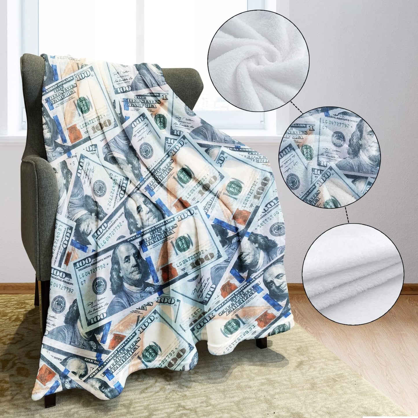 HommomH Fleece Blanket 60" x 80" Blue Funny 100 Dollar Bill Cash Us Cute Things Money Lightweight Fuzzy Cozy Soft Warm Throw for Men Women, Air Conditioning