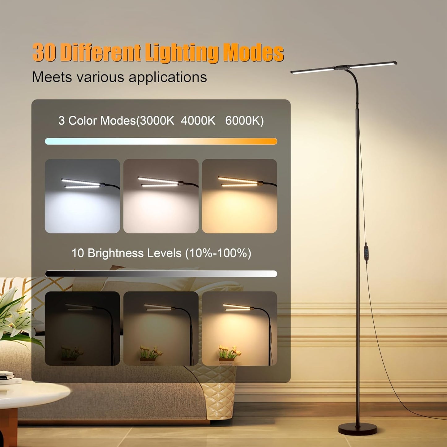 18W Dual Head LED Floor Lamp, Extended Flexible Gooseneck, Eye-Caring 3 Color Modes & 10 Brightness Levels, 4 Detachable Poles, USB Standing Light for Living Room, Bedroom, Office Reading