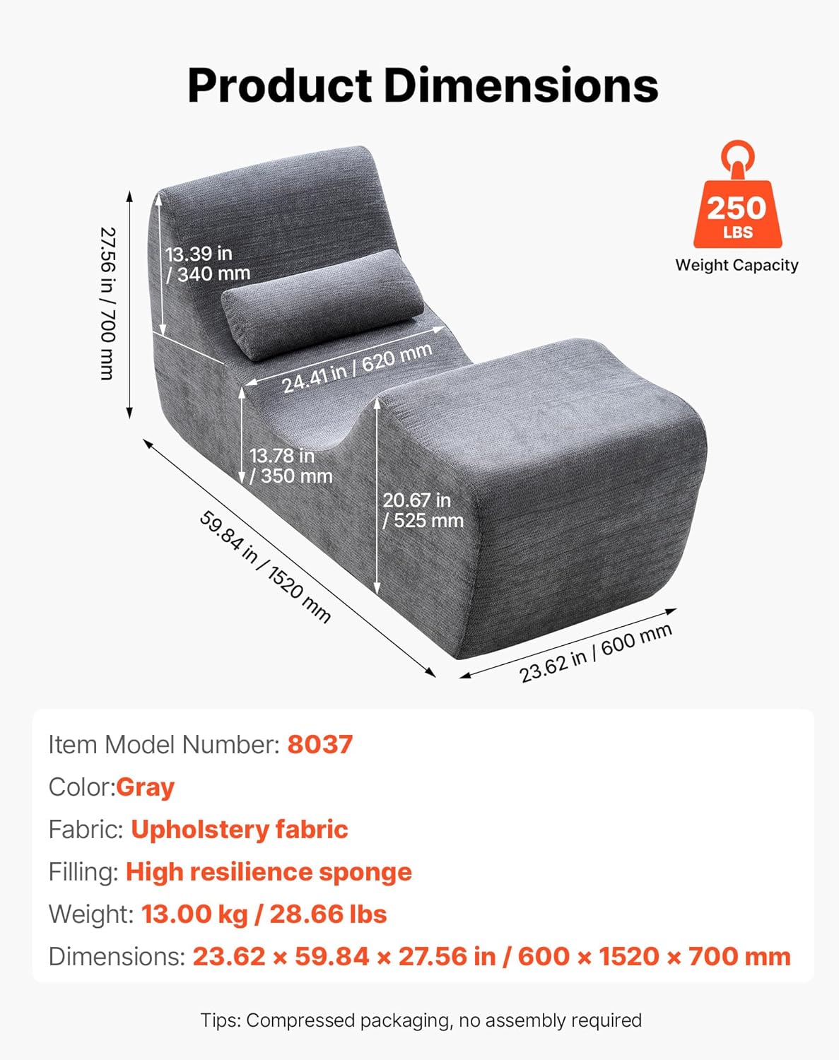 VEVOR Yoga Chair Chaise, Ergonomic Chaise Lounge Chair for Yoga, Modern Boneless Curved Foam Lounge Indoor for Massage, Stretching, Relaxation, Exercise, Used in Living Room, Bedroom, Balcony, Grey