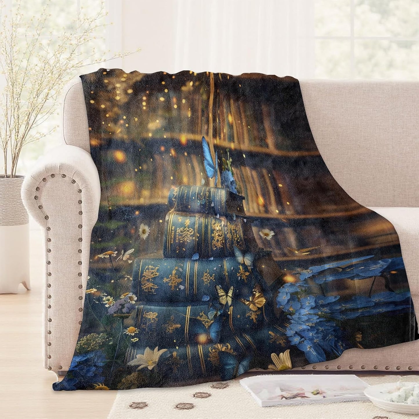 Vintage Book and Butterfly Blanket,50x60in,Cozy Flannel Throw with Elegant Blue and Gold Book Stack Floral Design,Soft Lightweight Gifts Blankets for Women,Sofa Bed Travel Reading Nook Decor