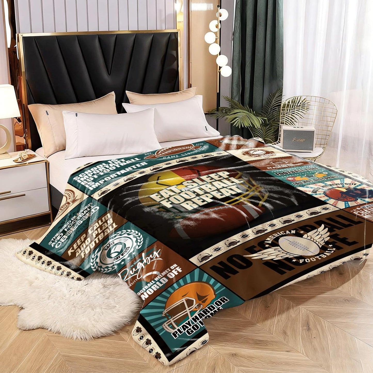 American Football Throw Blanket 50x60, Soft Flannel Fleece, Retro Helmet Collage, Game Day Stadium Couch Bed Sofa, Lightweight Warm, Machine Washable Sports Gift for Fans Adults Teens