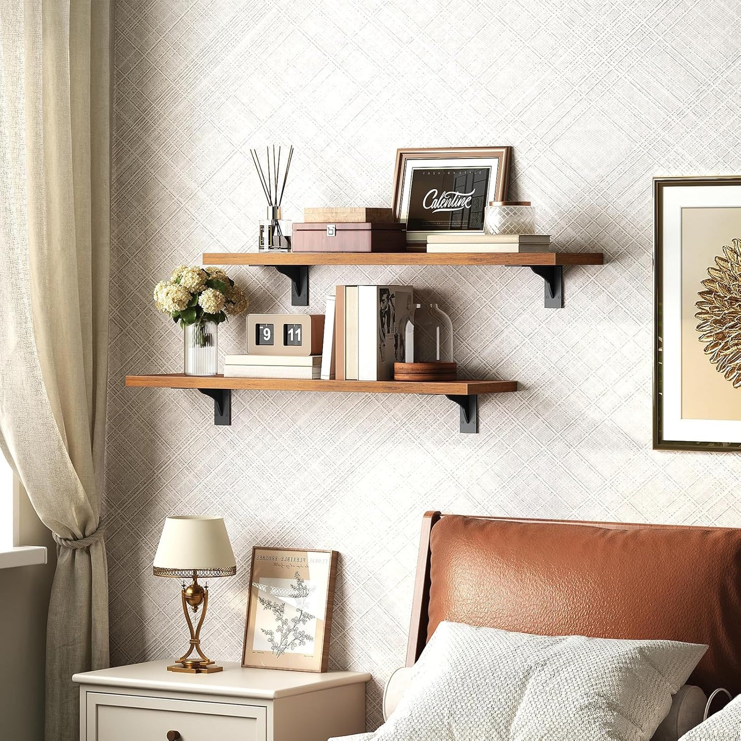 HOOBRO Floating Shelves for Wall, 23.6" Wall Mounted Shelves Set of 2, Hanging Storage Shelf with Metal Brackets, Wooden Shelf for Living Room, Bedroom, Bathroom, Rustic Brown and Black BF62BJP201G1