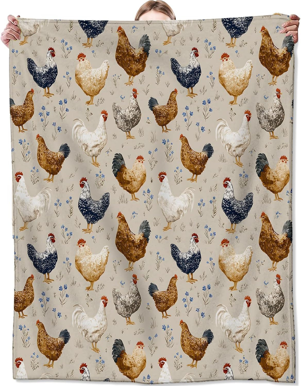 Chicken Fleece Blanket, Soft Throw with Farmhouse Rooster and Floral, Lightweight Cozy Blankets for All Seasons, Vintage Rustic Home Decor and Gifts for Adults and Animal Lovers, 50x60 Inch