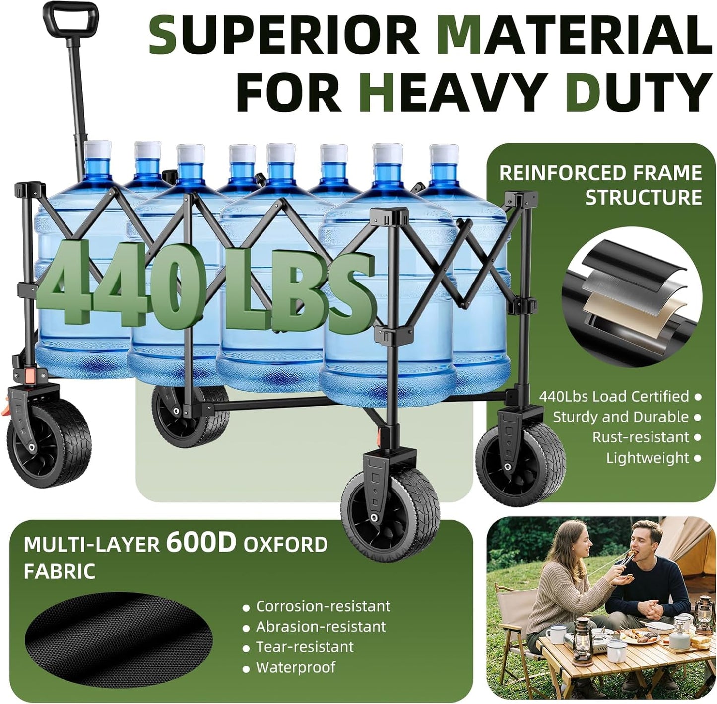38" L Heavy Duty Collapsible Wagon, 440lbs Load & 220L Capacity Folding Utility Cart with Side Storage Pockets, 15lbs Lightweight Rolling Hauler for Sports, Grocery, Beach Black
