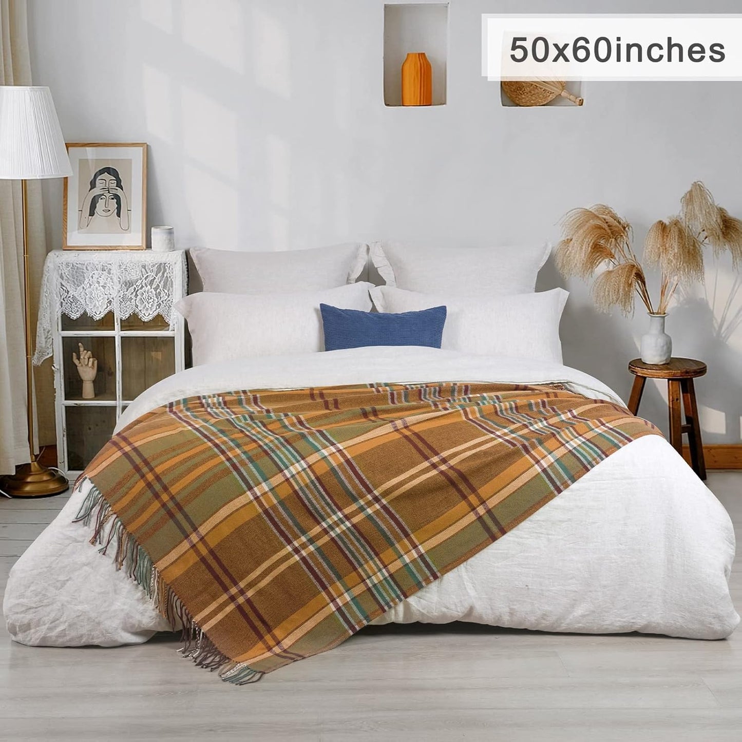 David's Home Buffalo Plaid Throw Blanket- Soft and Lightweight Tartan Herringbone Fringe Blanket for Couch Sofa-Outdoor Lap Throw with Decorative Tassels,50x60 Inches-Pumpking Orange