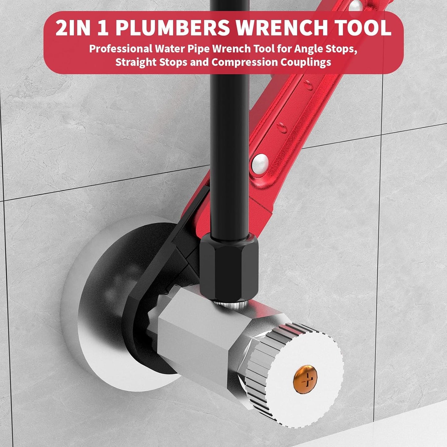 Plumbing Tools - Angle Stop Wrench & Angle-On Kit - Professional Plumbers Wrench for Installing New Compression Angle Stop & Removing Compression Ring - 4-Way Utility Key Included