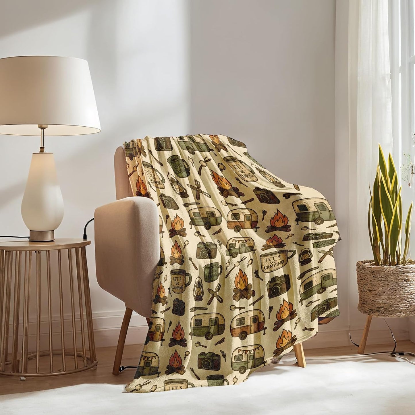 Camping Blanket Gifts for Boys Girls Kids, Retro Camper Van Campfire Warm Soft Flannel Throw Blankets for Travel, Sofa, Living Room, Bedroom Decor, 50x60 in