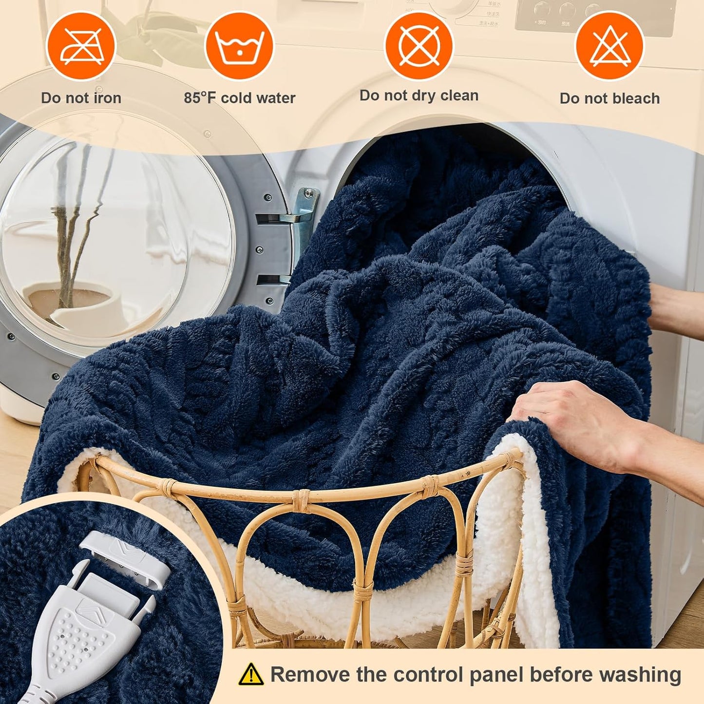 Electric Heated Throw Blanket - Jacquard Shaggy Sherpa 50"x60" Fast Heating Bed Blankets with 6 Heating Levels & 4 Hours Auto Off, Over-Heated Protection ETL, Navy Blue