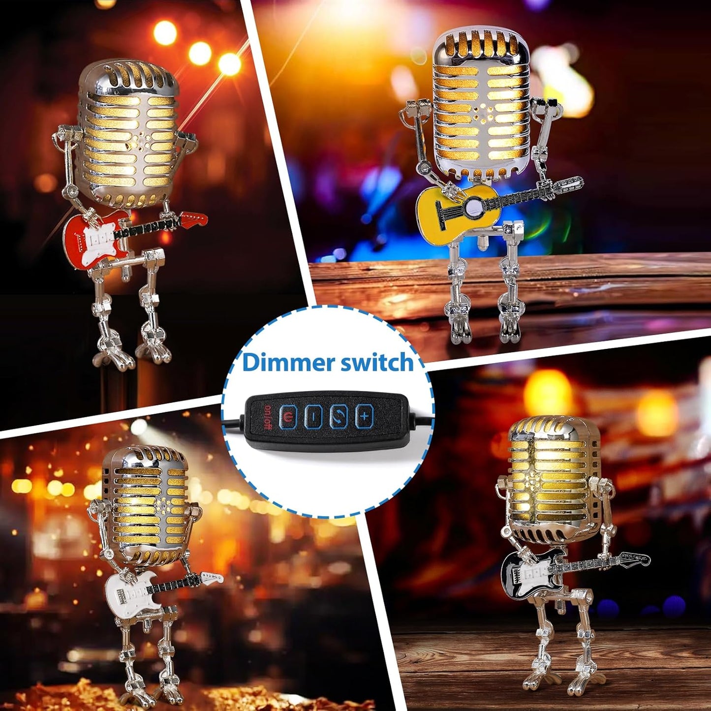 Vintage Microphone Guitar Robot Lamp, Music Gifts for Men, Cool Gifts for Music Lovers, Vintage Light Home Decor Nightstand Desk Lamp for Bedroom, Music Studio (Red)