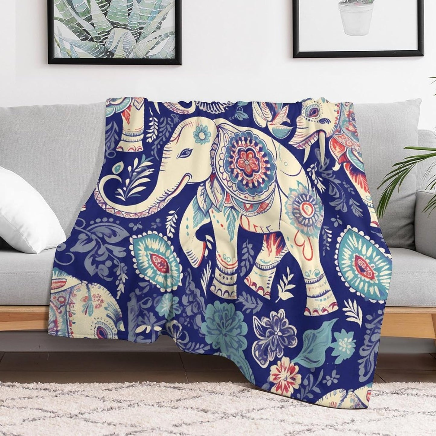 Boho Elephant Blanket Chunky Fluffy Fuzzy Bed Blankets Cozy Soft Warm Winter Blankets Anti-Pilling Flannel Throw Blanket for Couch Living Room Bedroom Multiple Size