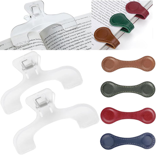2PCS Transparent Reading Page Holder and 4Pcs Magnetic Leather Bookmark Combination Set,A Multi-Functional and Practical Magnetic Bookmark,Suitable for Book Lovers,Men,Women,Teachers,Students