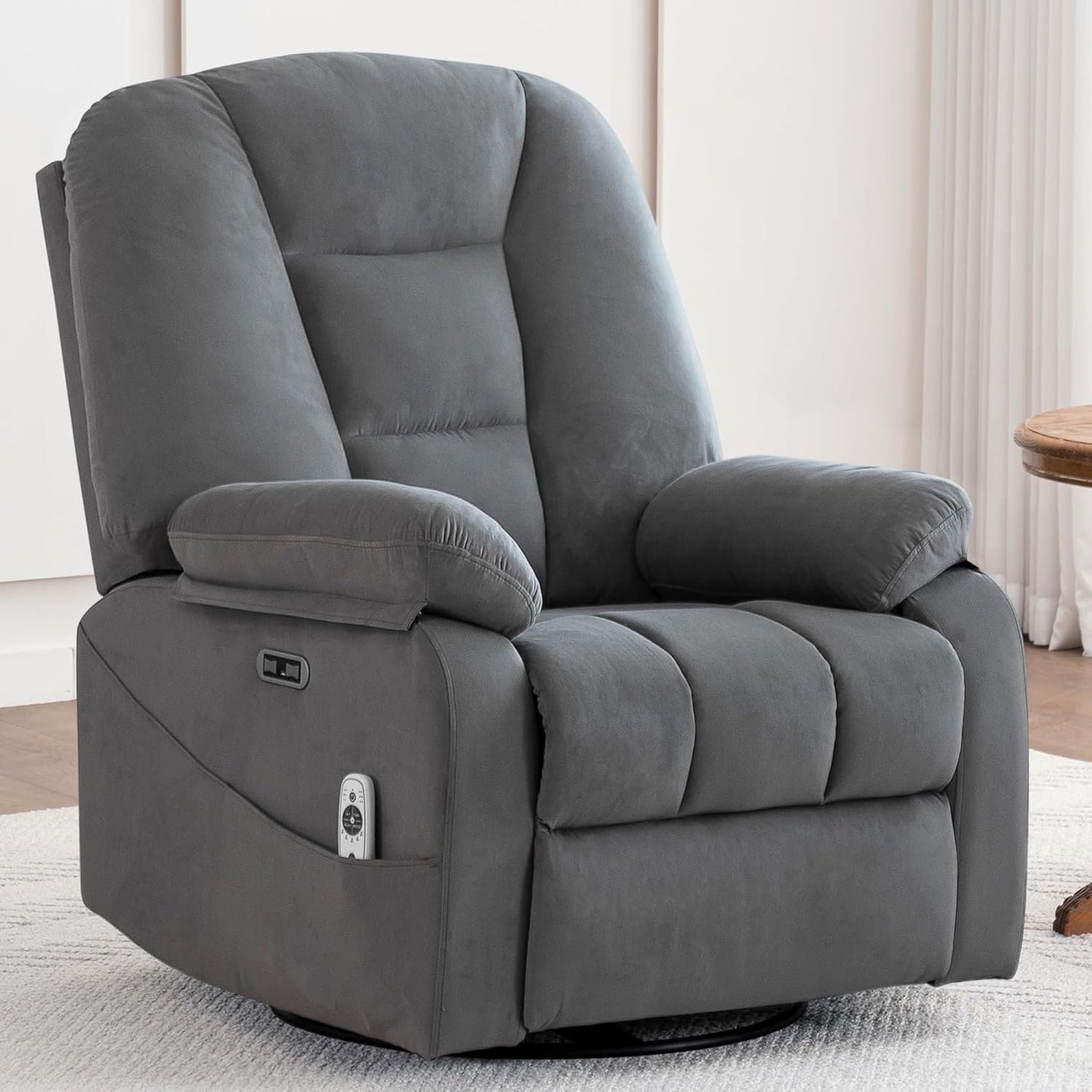 Velvet Grey Soft Fabric Power Swivel Rocker Recliner with Massage Heat USB Type C Port Infinite Position Electric Glider Chair Living Room