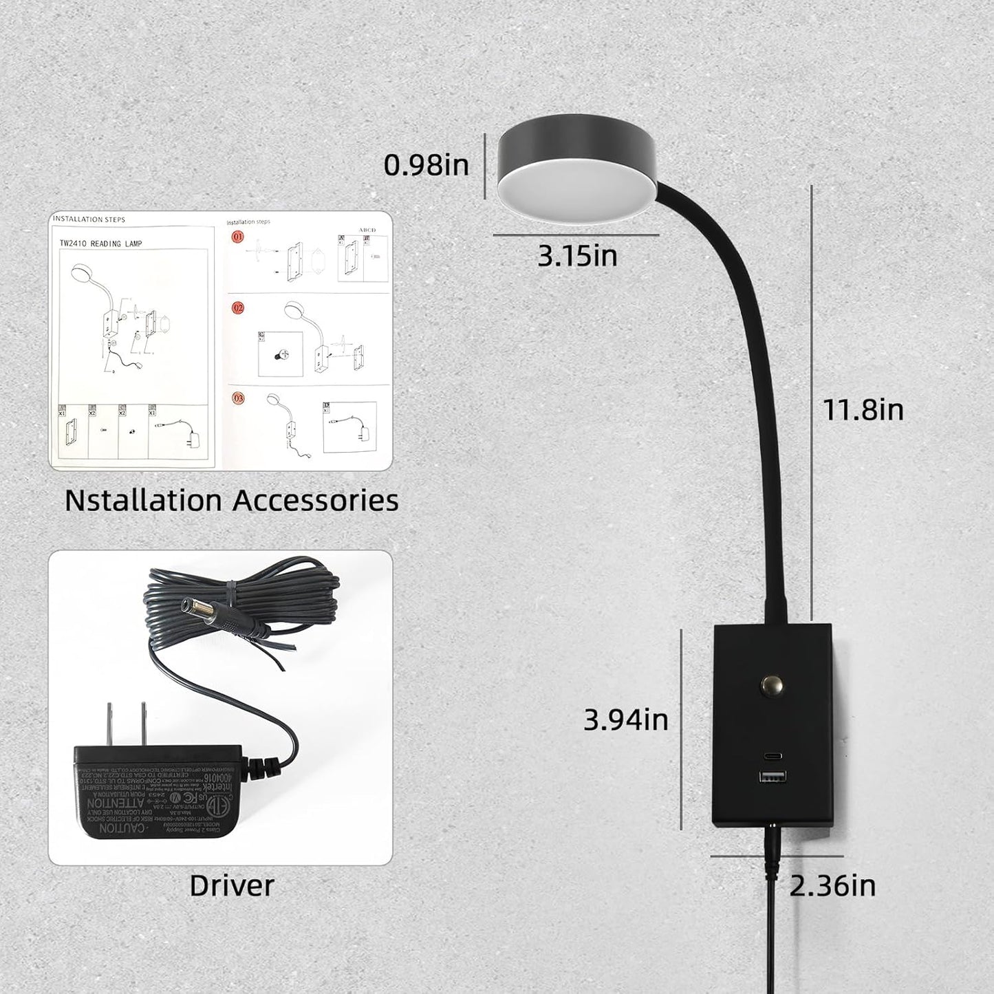 LED Wall Mounted Reading Light for Bed, Flexible Gooseneck Book Light for Wall Bedside Lamp with USB-A/C Output,Touch Control 5 Dimmable Headboard Bed Lights