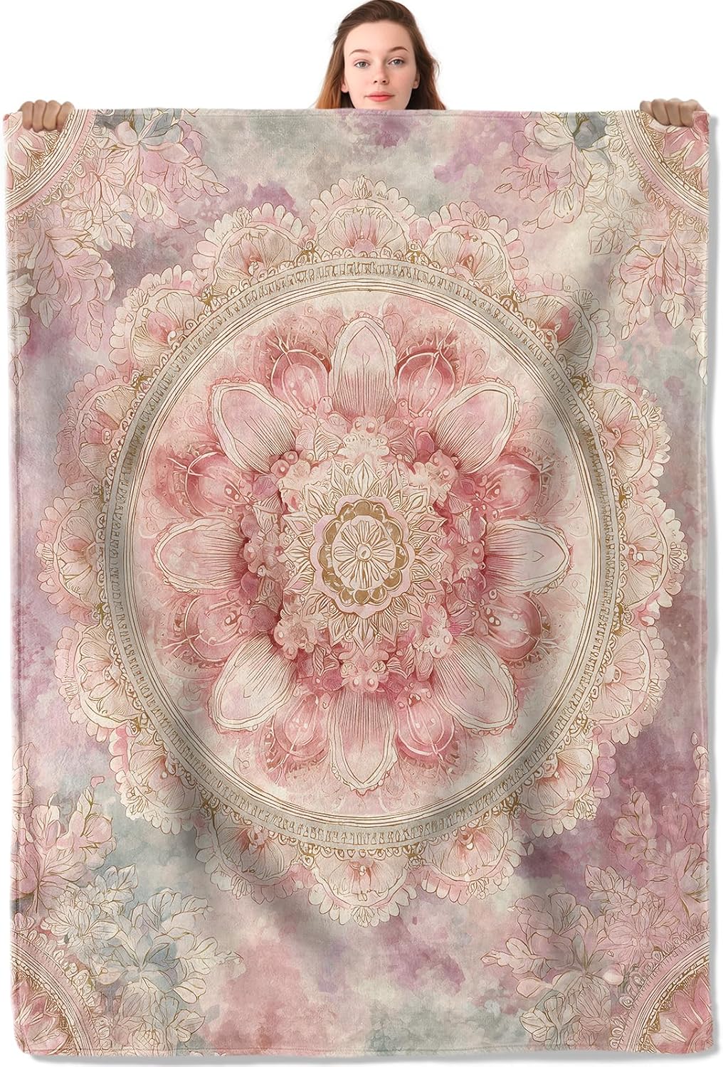 Elegant Mandala Floral Flannel Blanket 50"x60" Watercolor Pink Flower Printed Lightweight Throw Blankets Birthday for Girls Women Office Bedroom Sofa Travel Boho Home Decorate
