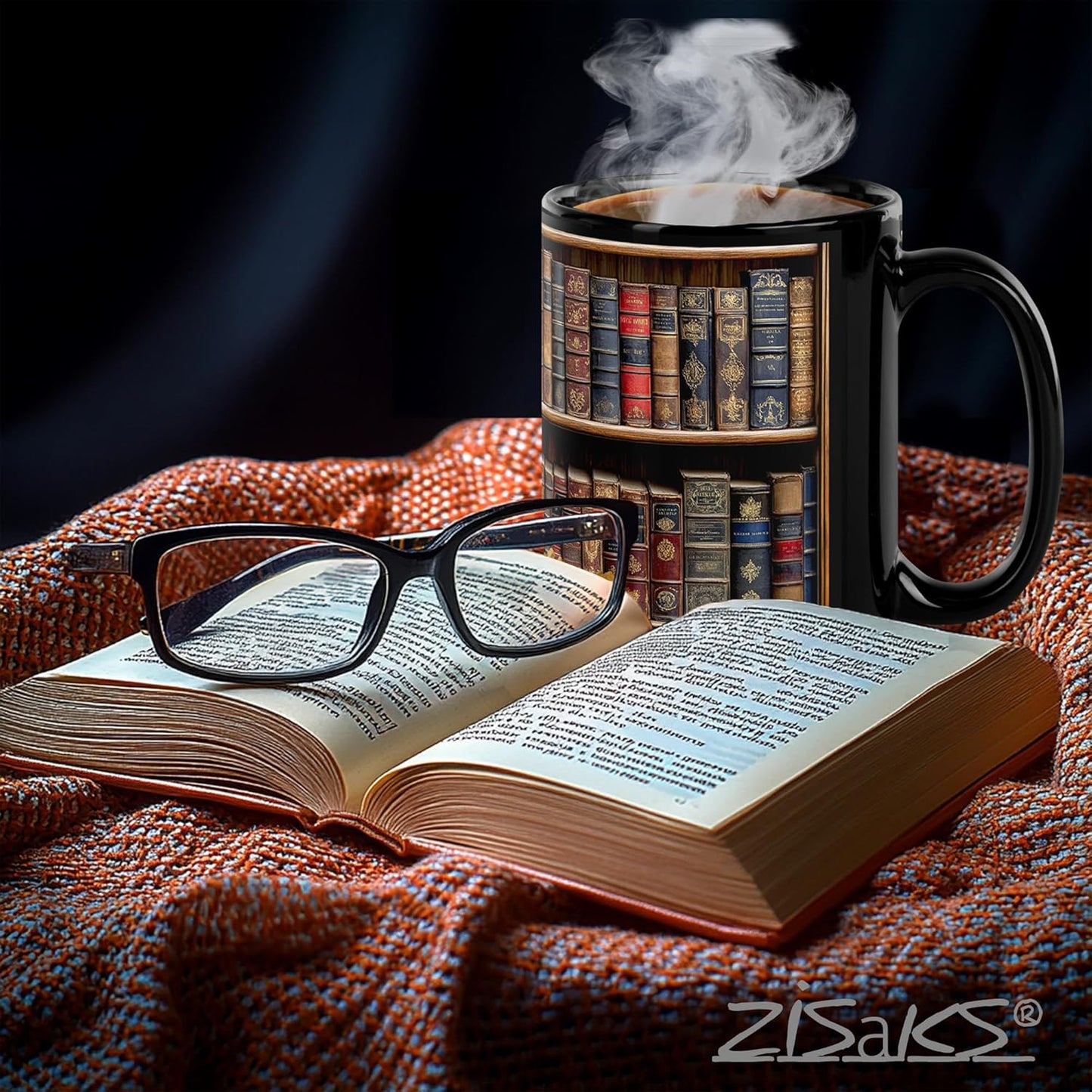 Book Mugs For Book Lovers: 15oz Capacaty, Made of Glossy Black Ceramic Perfect Reader Gifts, Bookshelf Design (Black, 15 oz B)