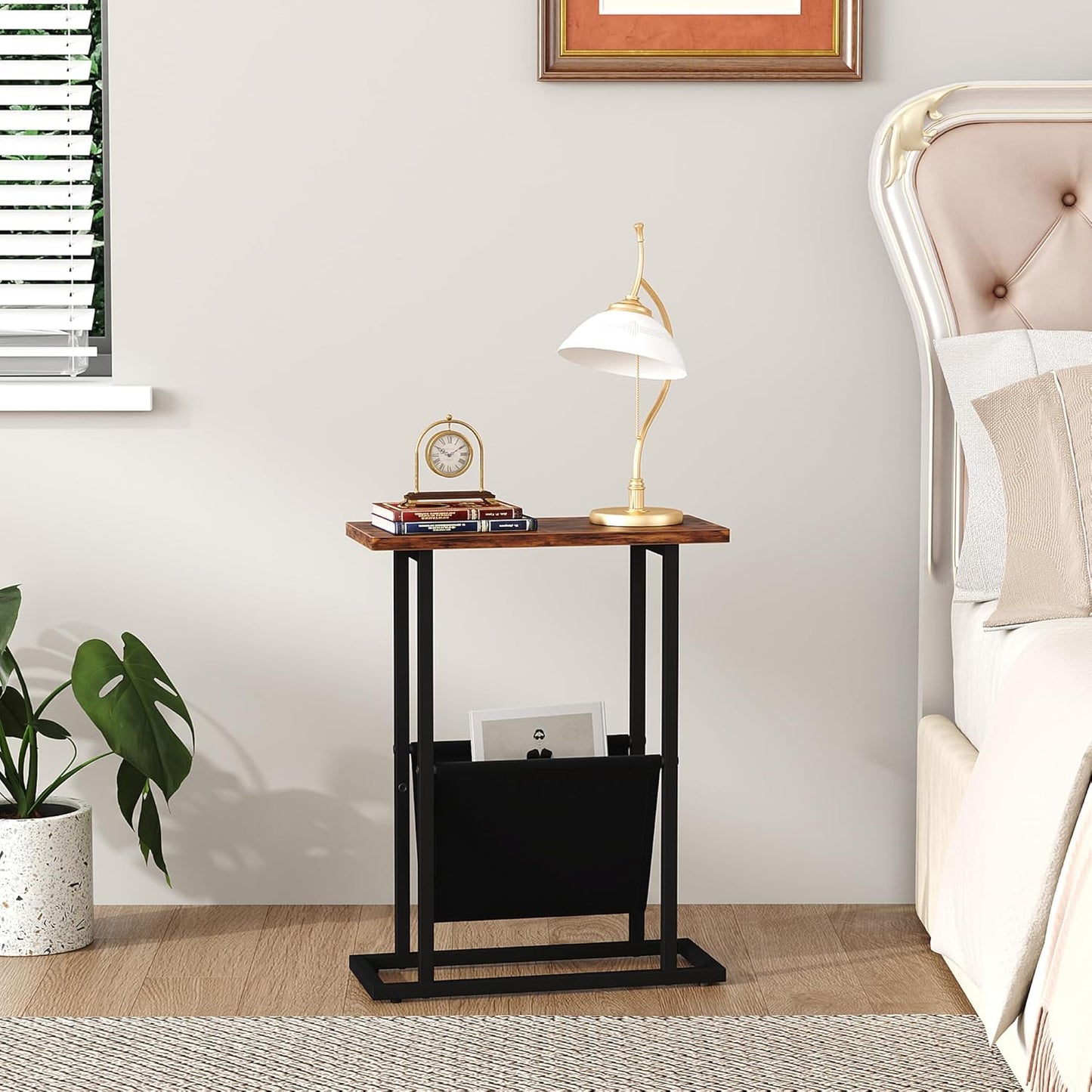 Yusong Narrow Side Table for Small Spaces, Small End Table with Magazine Holder, Skinny Slim Little Thin Table for Living Room, Bedroom, Sofa, Rustic Brown
