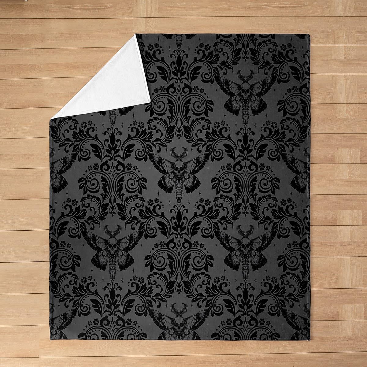 Feelyou Adults Dark Olive Green Vintage Damask Floral Fleece Throw Blanket Oriental Antique Plush Blanket Queen 90"x90" Gothic Boho Flower Fuzzy Blanket Gothic Skull