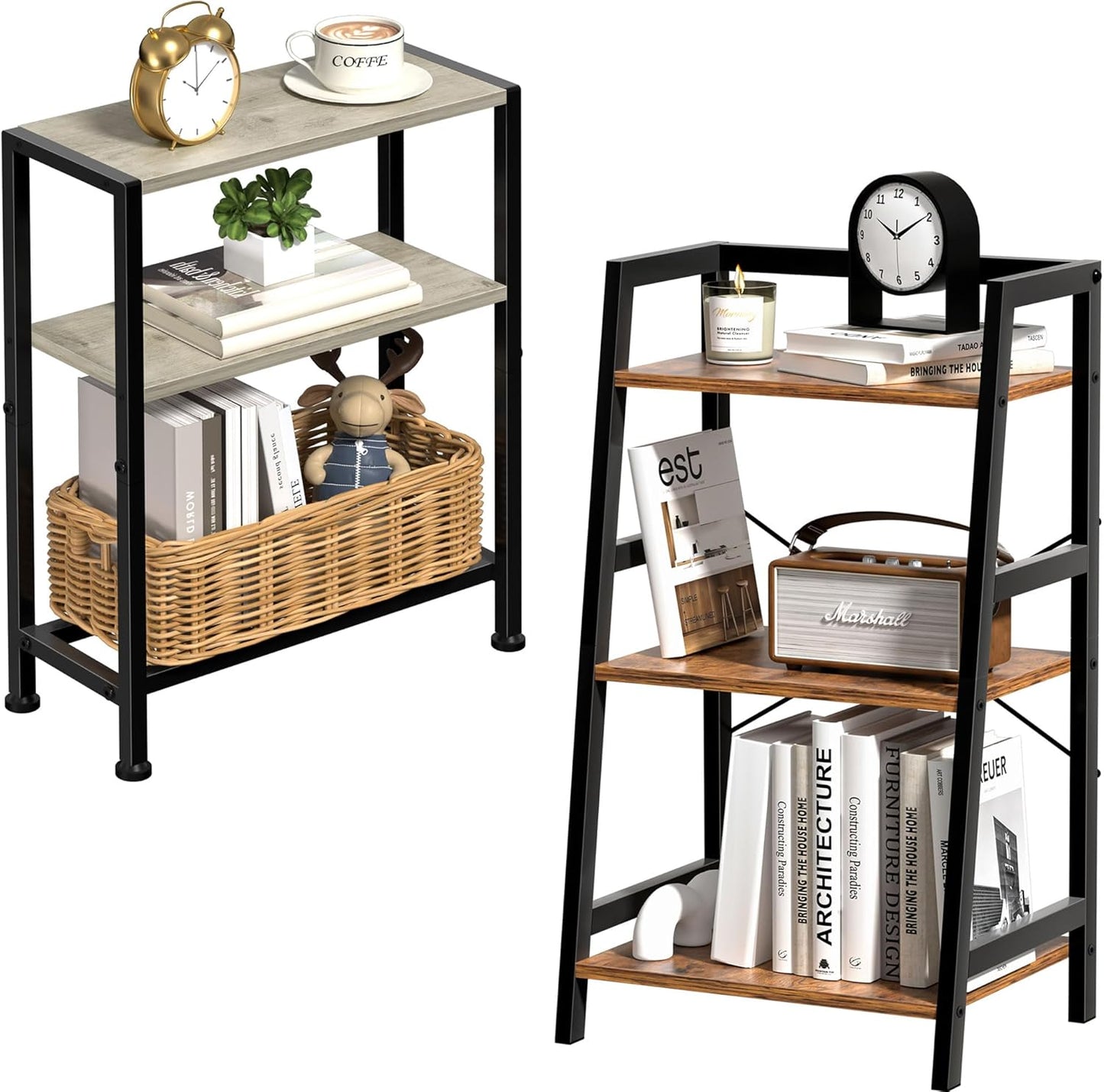 2-Tier Narrow Side Table & 3-Tier Bookshelf