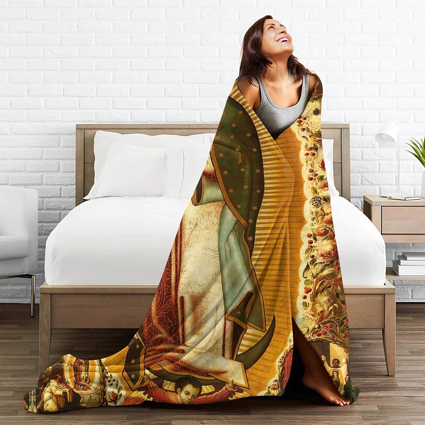 Mexican Religious Catholic Virgin Mary Our Lady of Guadalupe Virgen De Guadalupe Full Fleece Throw Cloak Wearable Blanket Flannel Comforter Quilt Bedroom Bedding Plush Soft Cozy