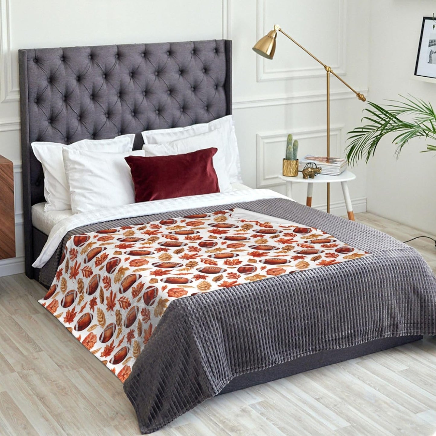 Football with Maple Leaves Flannel Throw Blanket Soft Cozy Fall Blanket for Living Room Couch Sofa Bed 50 x 60 Inches
