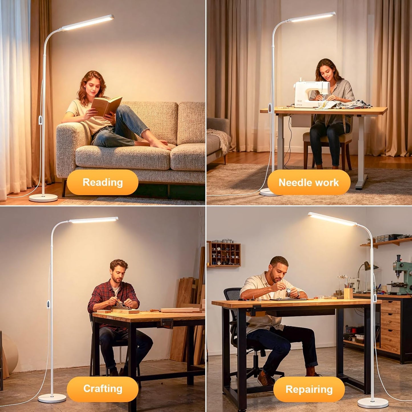 White 12W LED Bright Reading Floor Lamp for Living Room Bedroom Bedside Office Library, Eye-protection flicker-free adjustable from 3000-6000K ,Eyelash Tattoo Makeup Tall Standing Dimming Light