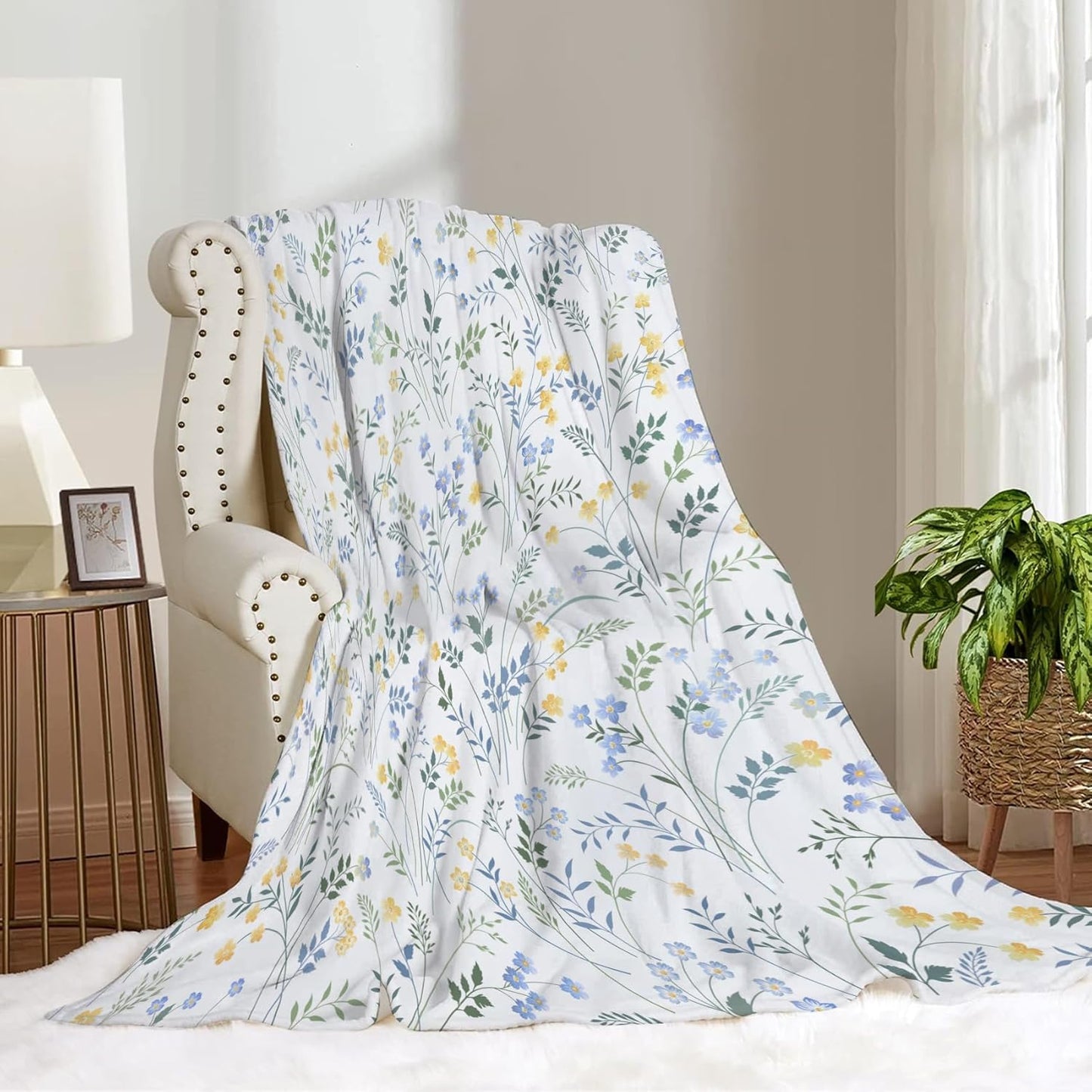 Spring Floral Throw Blanket Country Blue and Yellow Flower with Green Leaf Plant Pattern Soft Cozy Flannel Fleece Blankets for Couch Sofa Bed Chair Ideal Gifts for Women Mom Wife, 50" x 60"