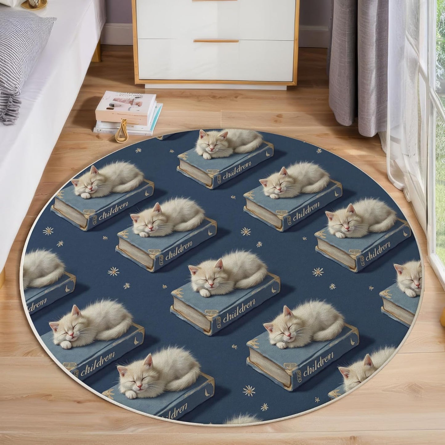 Washable Cute Cat Books Area Rug, 6Ft Round Rugs for Living Room Soft Carpet for Bedroom Animals Starry Sky Indoor Stain Resistant Non-Shedding Floor Carpet, Navy Blue, 6Ft-Round