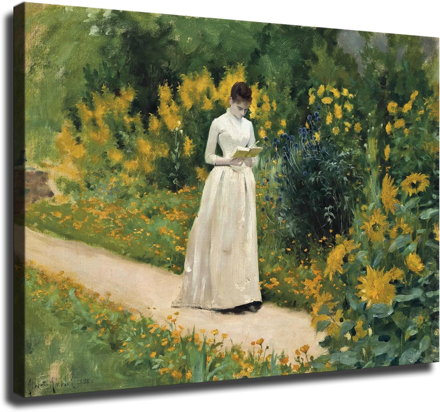 Albert Aublet painting artwork- Reading on the garden path Canvas HD printing poster creative room aesthetics be the perfect wall art decoration for home office gym bar (20x27inch-Unframed)