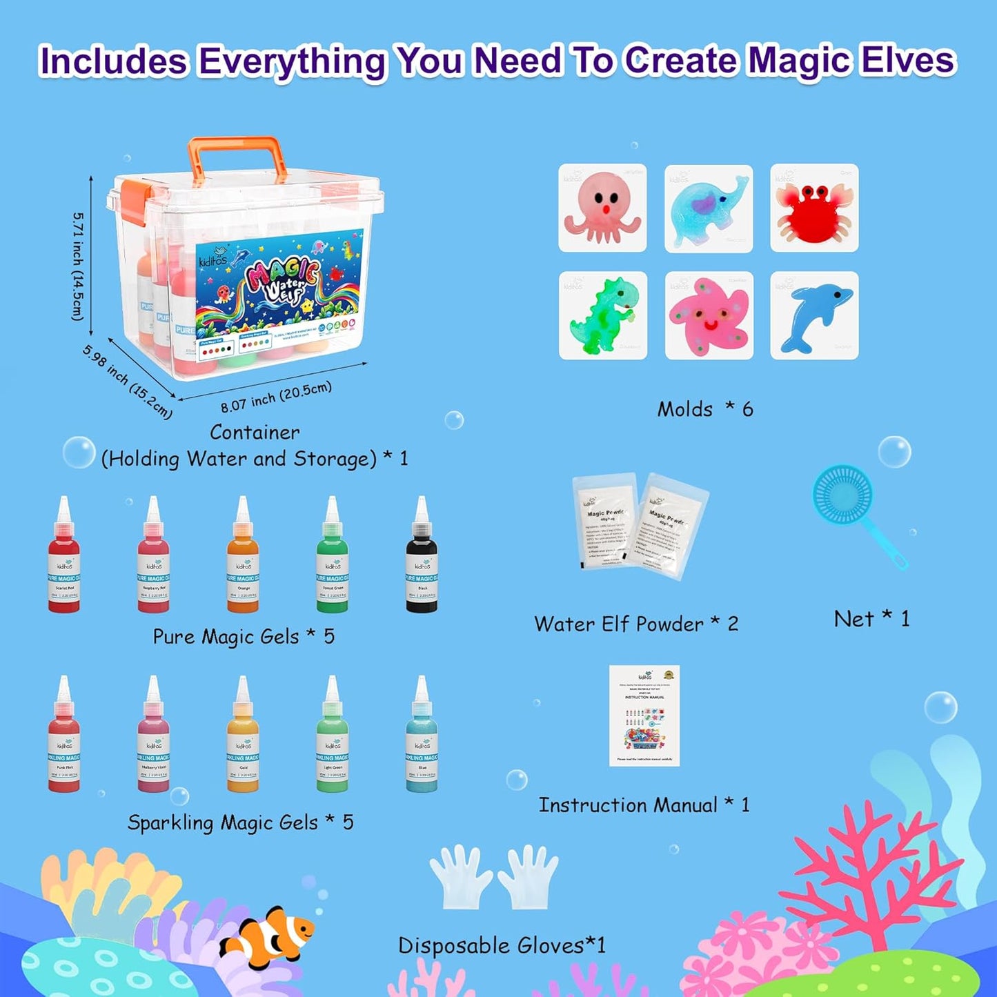 Kiditos Magic Water Elf Toy Kit for Kids, Make Your Own Magic Water Pets, DIY Sensory Craft Kit with 10 Magic Gels & 6 Molds, STEM Science Activity, Party Favors & Birthday Gifts for Kids Ages 3+