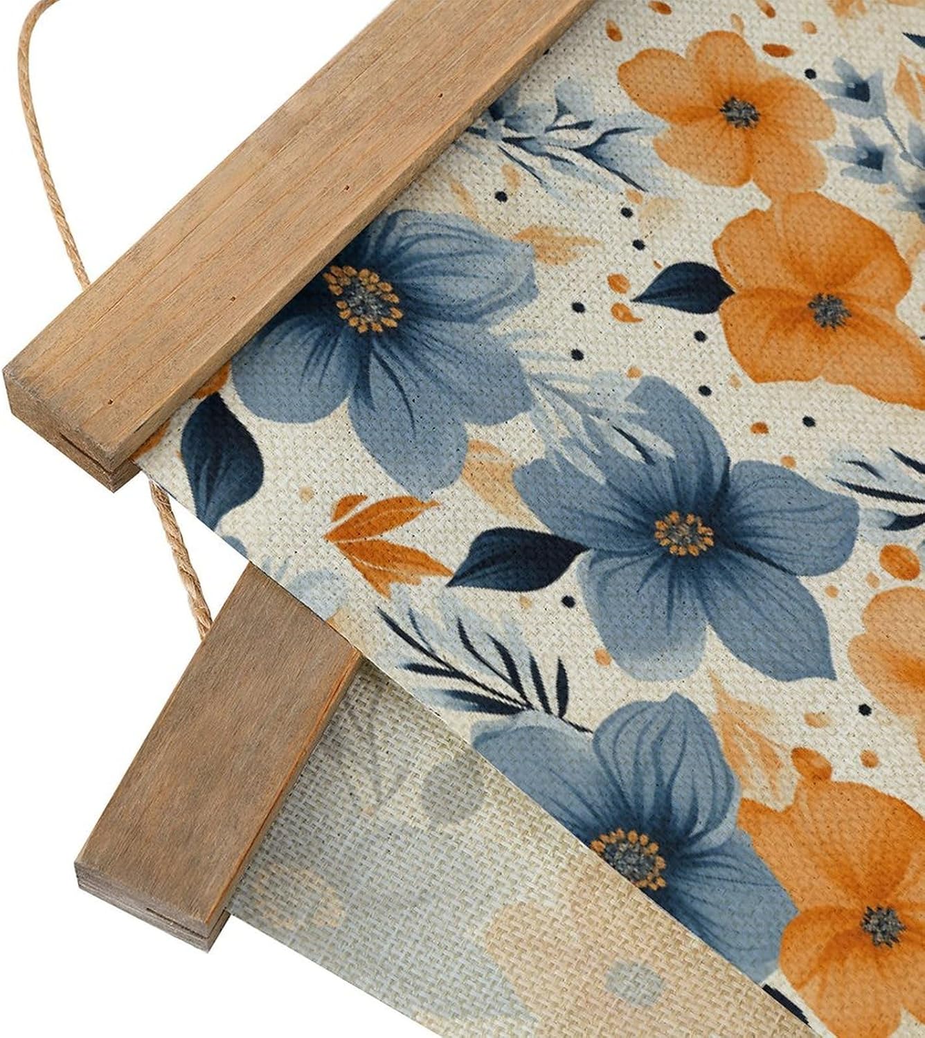 Vintage Blue And Orange Flowers on White Background Poster with Wooden Frame Personalized Linen Hanging Scroll Painting Rustic Wall Hanging Illustrative Modern Artwork Decor for Home Living Room Bedro