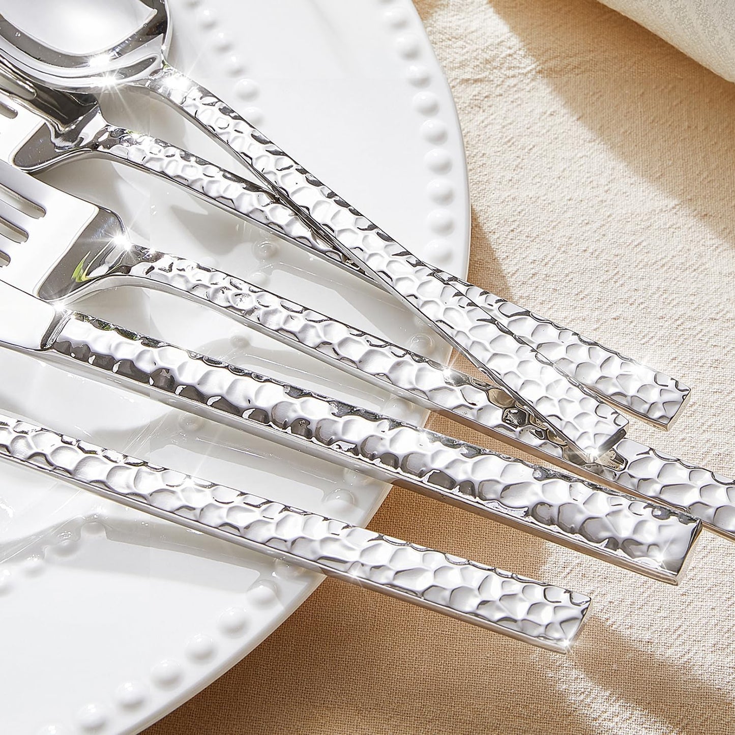 KINGSTONE 36 Piece Silverware Set with Steak Knives, Hammered Silverware Set for 6, 18/10 Stainless Steel Flatware, Cutlery Set for Home, Party, Wedding, Mirror Polished Dishwasher Safe
