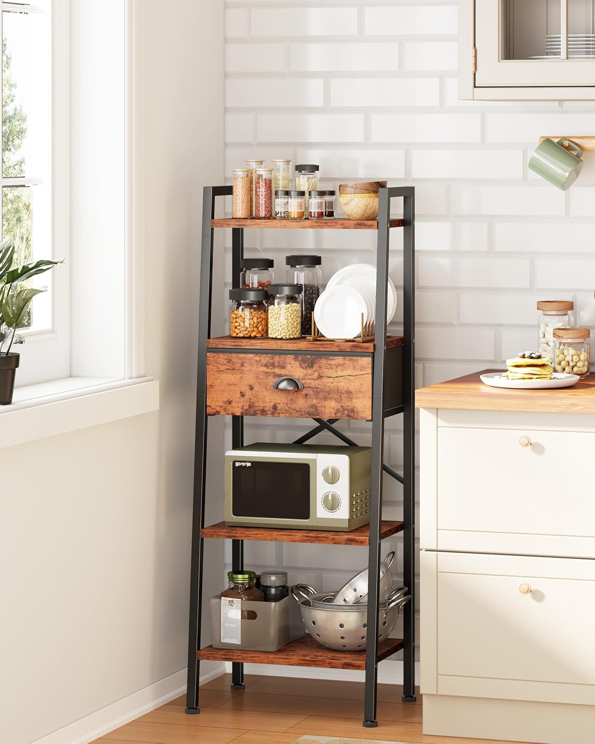 Furologee 4 Tier Ladder Shelf, Narrow Ladder Bookshelf with Drawer, Modern Freestanding Bookcase, Storage Shelves Organizer for Bathroom,Kitchen,Bedroom,Living Room,Rustic Brown