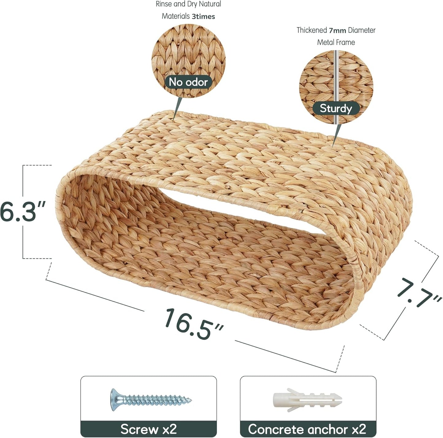 Wicker Wall Shelf,16.5'' Cute Boho Rattan Wall Mounted Shelves for Toilet Paper Storage,Plant, Book, Decorative,Natural Water Hyacinth Floating Shelves for Bathroom Decor,Nursery,Living Room