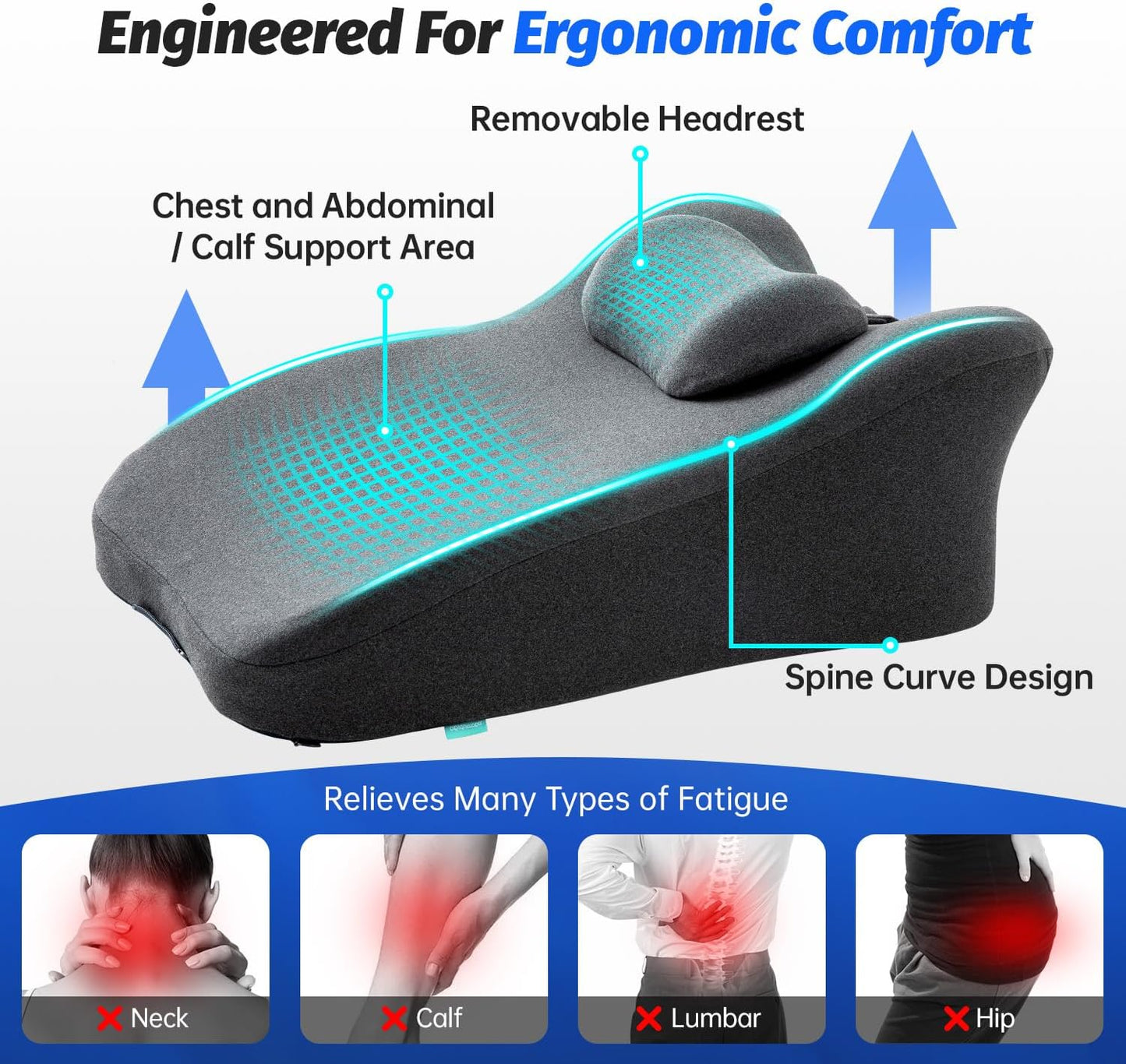 Reading Pillow, Lumbar Support Pillow for Couch, Sofa Bed Support, Bed Pillow for Sitting up,Ergonomic Memory Foam Pillow for Acid Reflux & Back Discomfort, with Removable Cover Gray