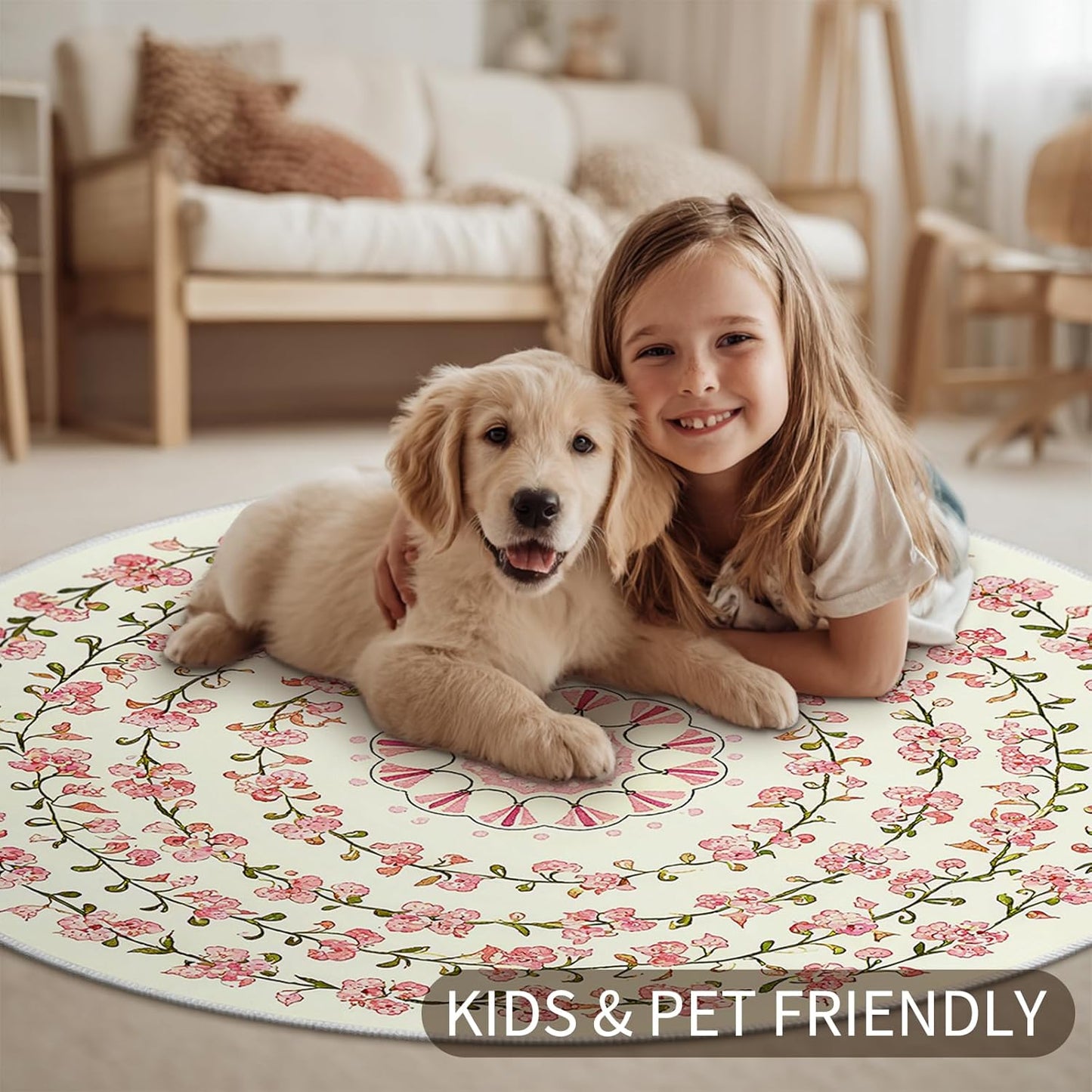4ft Round Boho Floral Area Rug - Washable Vintage Botanical Circle Rug, Non-Slip Low-Pile Distressed Medallion Carpet for Nursery, Bedroom, Reading Nook, and Entryway (Cream/Pink)