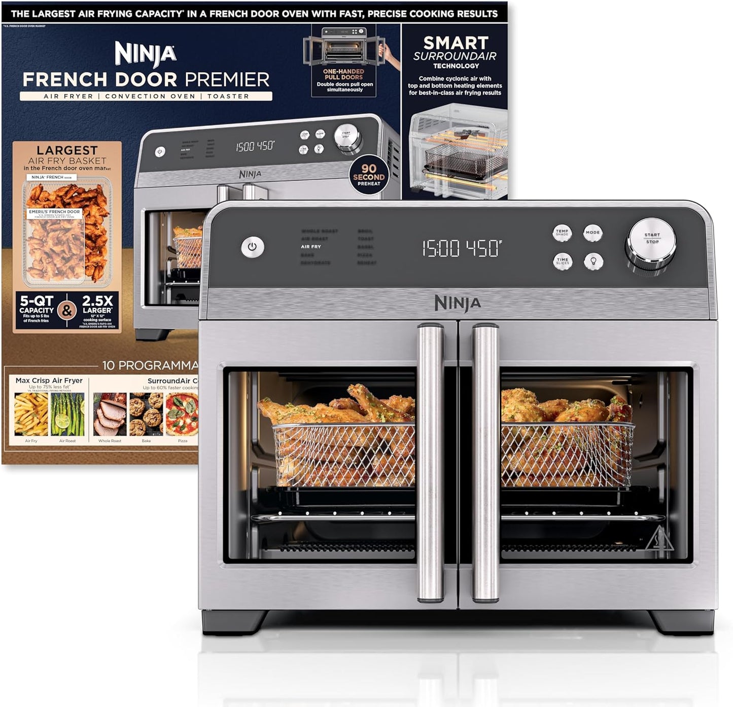 Ninja | French Door Premier | Air Fryer, Convection Oven, Toaster | 5-qt Air Fry Basket, Sheet Pan, Wire Rack, Broil Rack | PFAS-free Cooking Surface, Dishwasher-safe Accessories | FO101 (NEW)